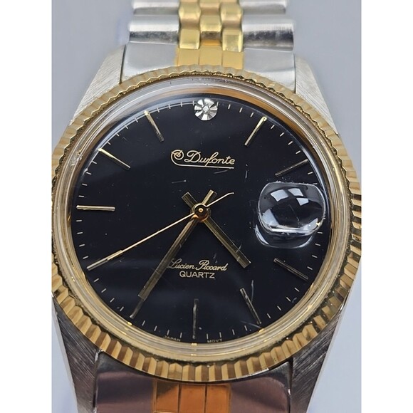 Dufonte Lucien Piccard Two Tone Quartz Watch Date Fluted Bezel Mens New Battery - Picture 4 of 11